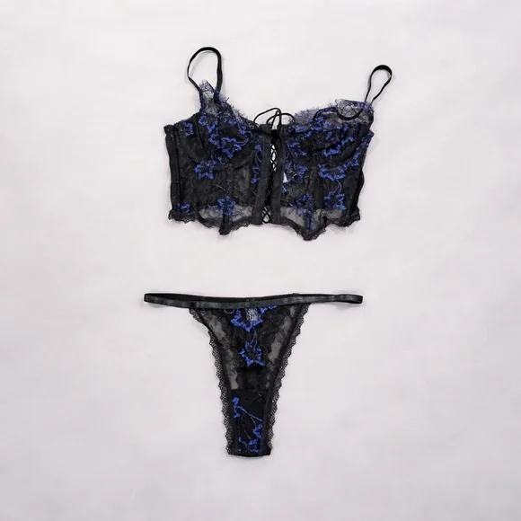 Black Lace Bustier Corset Lingerie Set – Floral Mesh w/ Thong | Size M | New - Picture 5 of 11